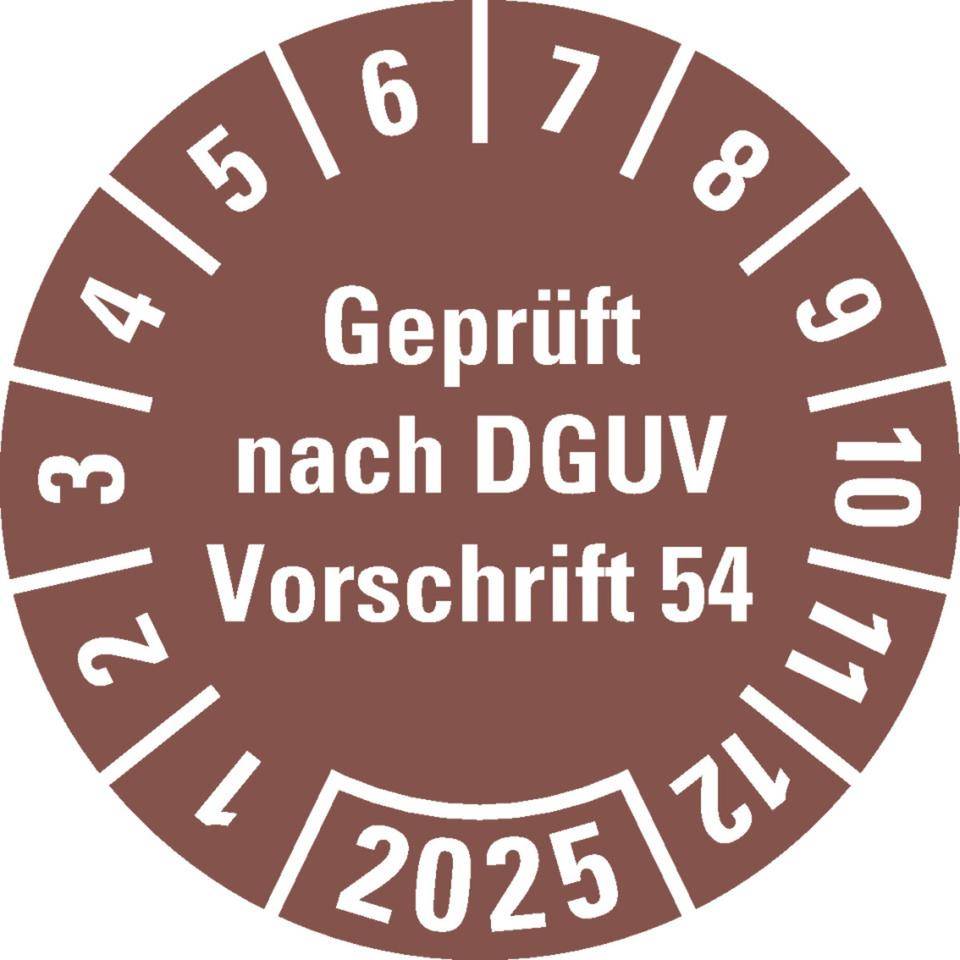 Prüfplakette Geprüft nach DGUV 54, 2025, braun, Dokumentenfolie,Ø 30mm, 18/Bogen