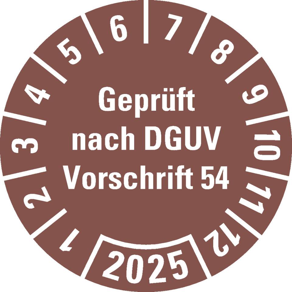 Prüfplakette Geprüft nach DGUV 54, 2025, braun, Dokumentenfolie, Ø 30mm, 18/Bogen