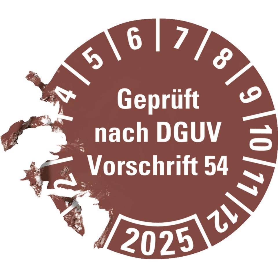 Prüfplakette Geprüft nach DGUV 54, 2025, braun, Dokumentenfolie,Ø 30mm, 18/Bogen