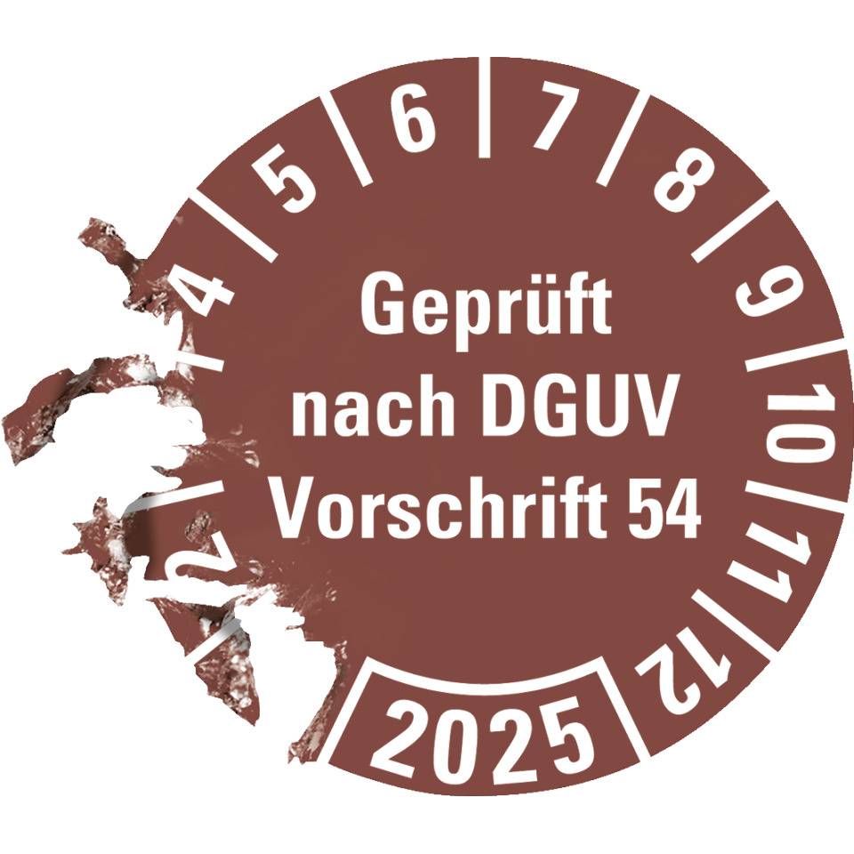 Prüfplakette Geprüft nach DGUV 54, 2025, braun, Dokumentenfolie, Ø 30mm, 18/Bogen