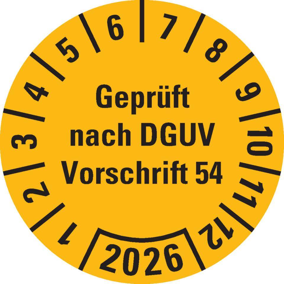 Prüfplakette Geprüft nach DGUV 54, 2026, gelb, Dokumentenfolie, Ø 30mm, 18/Bogen