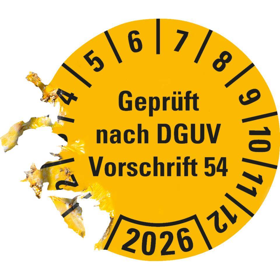 Prüfplakette Geprüft nach DGUV 54, 2026, gelb, Dokumentenfolie, Ø 30mm, 18/Bogen