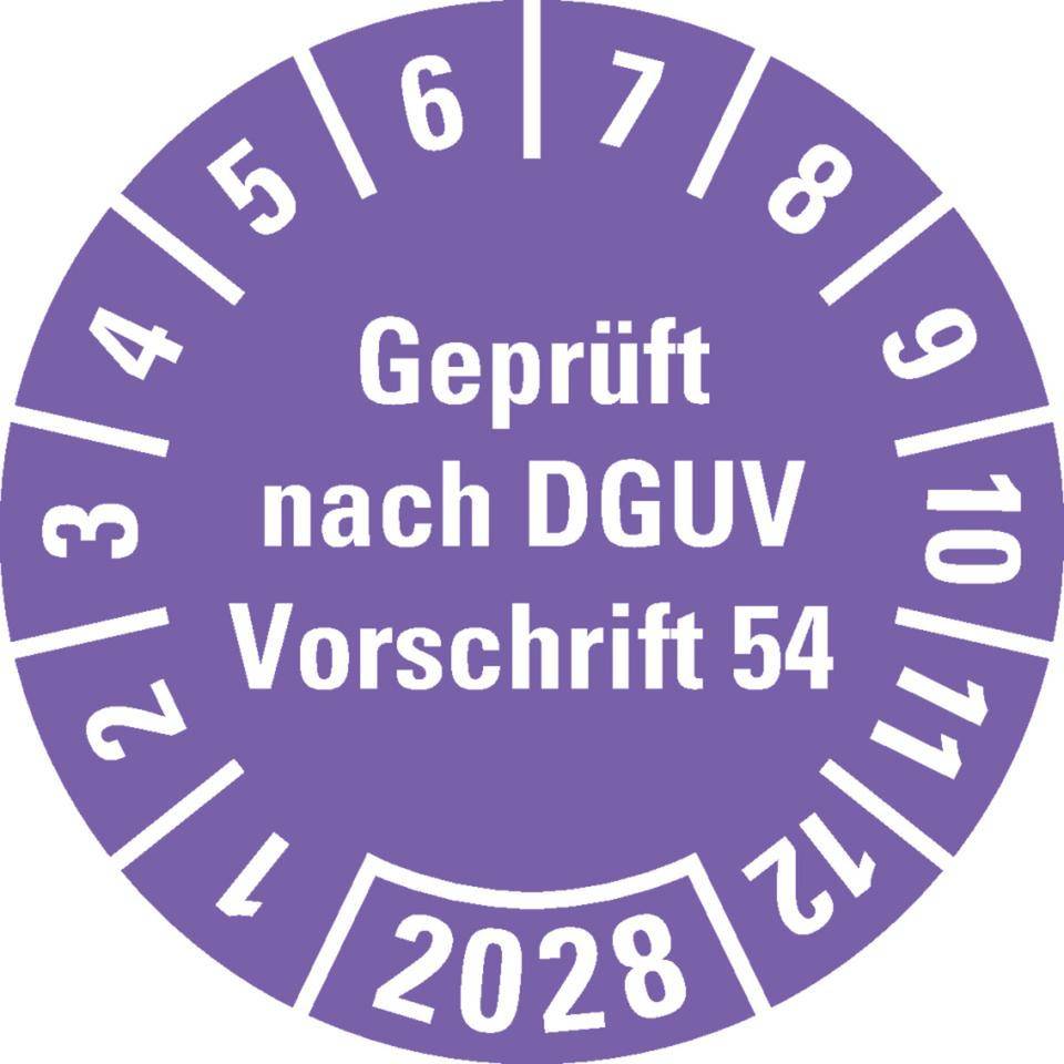 Prüfplakette Geprüft nach DGUV 54, 2028, violett, Dokumentenfolie, Ø 30mm, 18/Bogen