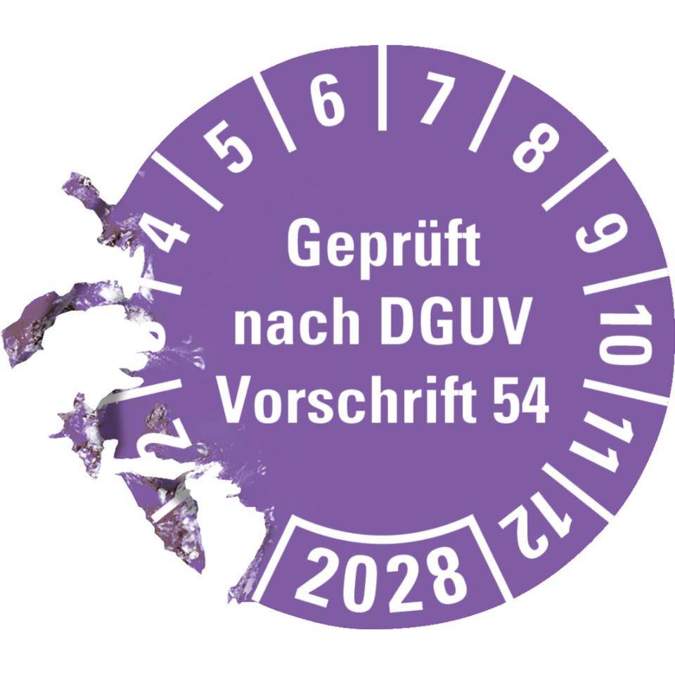 Prüfplakette Geprüft nach DGUV 54, 2028, violett, Dokumentenfolie, Ø 30mm, 18/Bogen