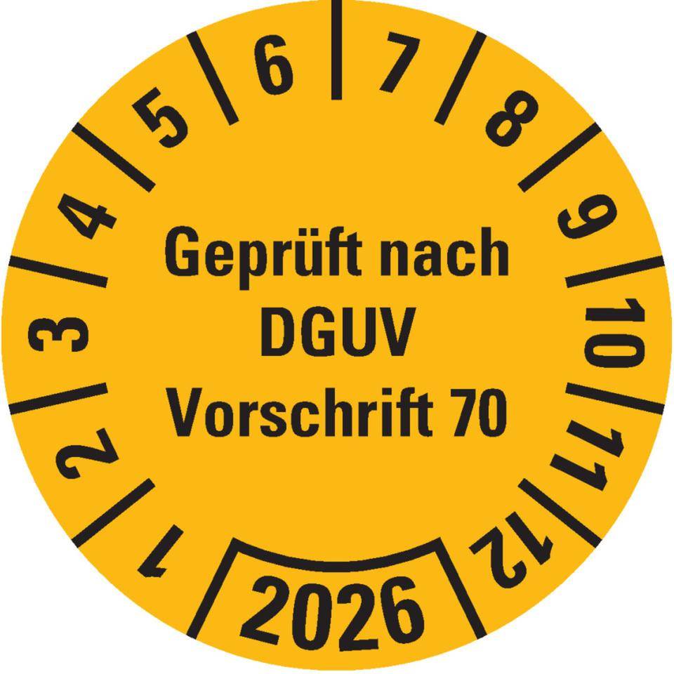 Prüfplakette Geprüft nach DGUV Vorschrift 70, 2026, gelb, Dokumentenfolie, Ø30mm, 18/BOG