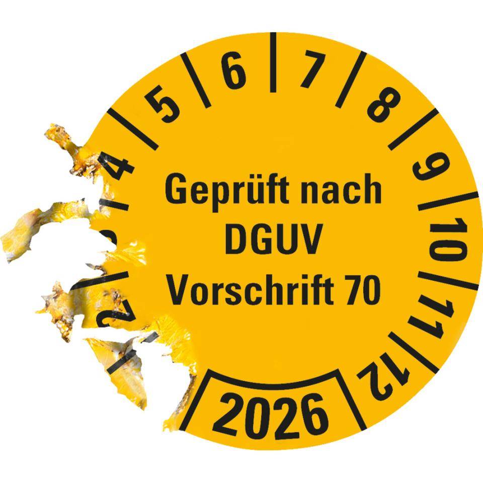 Prüfplakette Geprüft nach DGUV Vorschrift 70, 2026, gelb, Dokumentenfolie, Ø30mm, 18/BOG