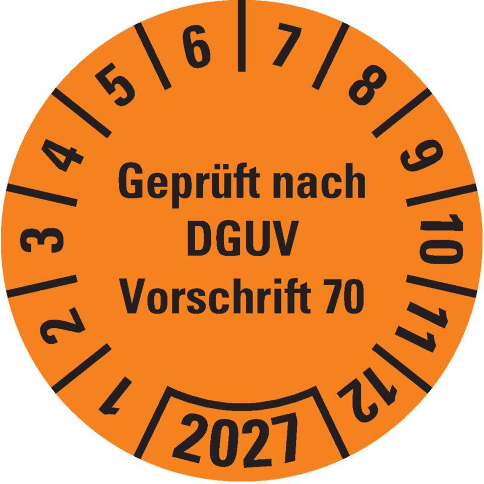 Prüfplakette Geprüft nach DGUV Vorschrift 70, 2027, orange, Dokumentenfolie, Ø30mm, 18/BOG