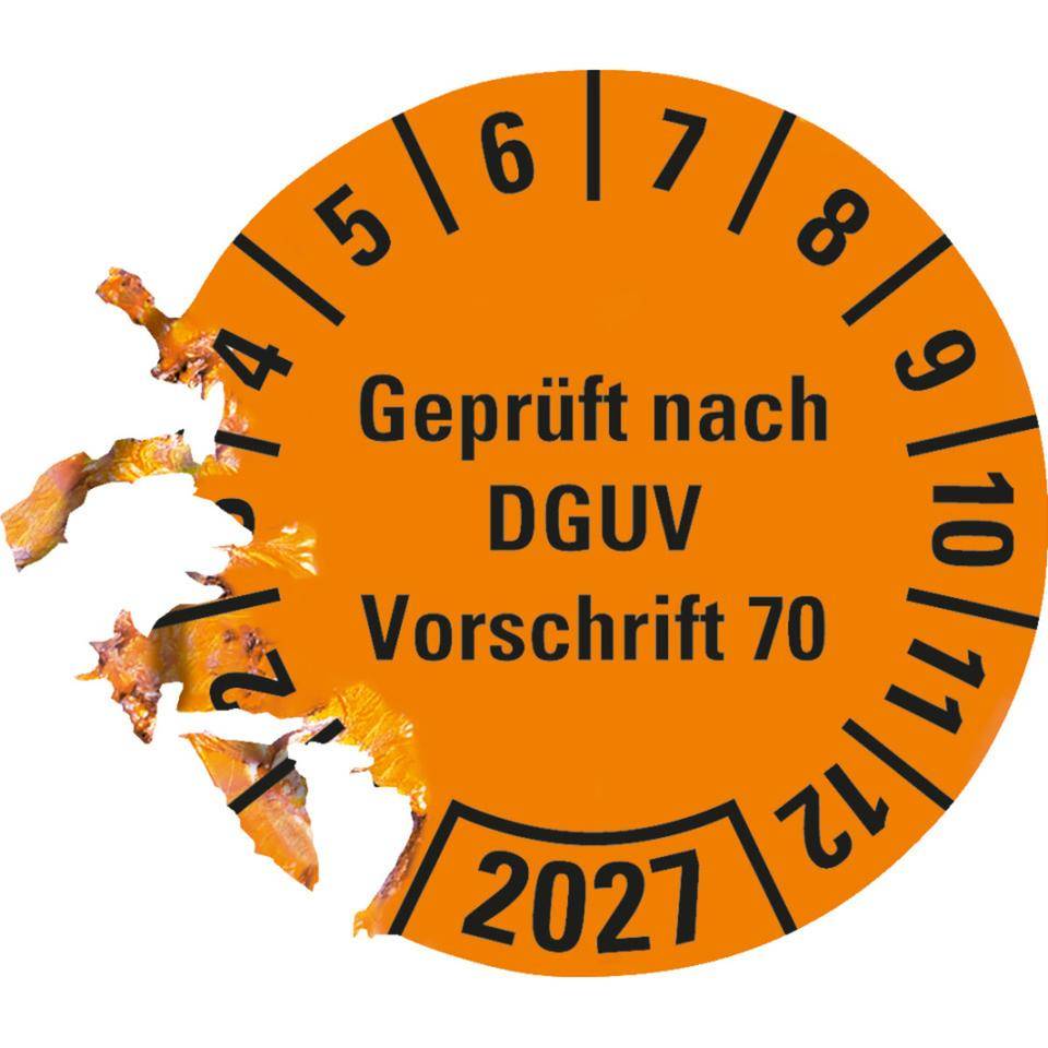 Prüfplakette Geprüft nach DGUV Vorschrift 70, 2027, orange, Dokumentenfolie, Ø30mm, 18/BOG