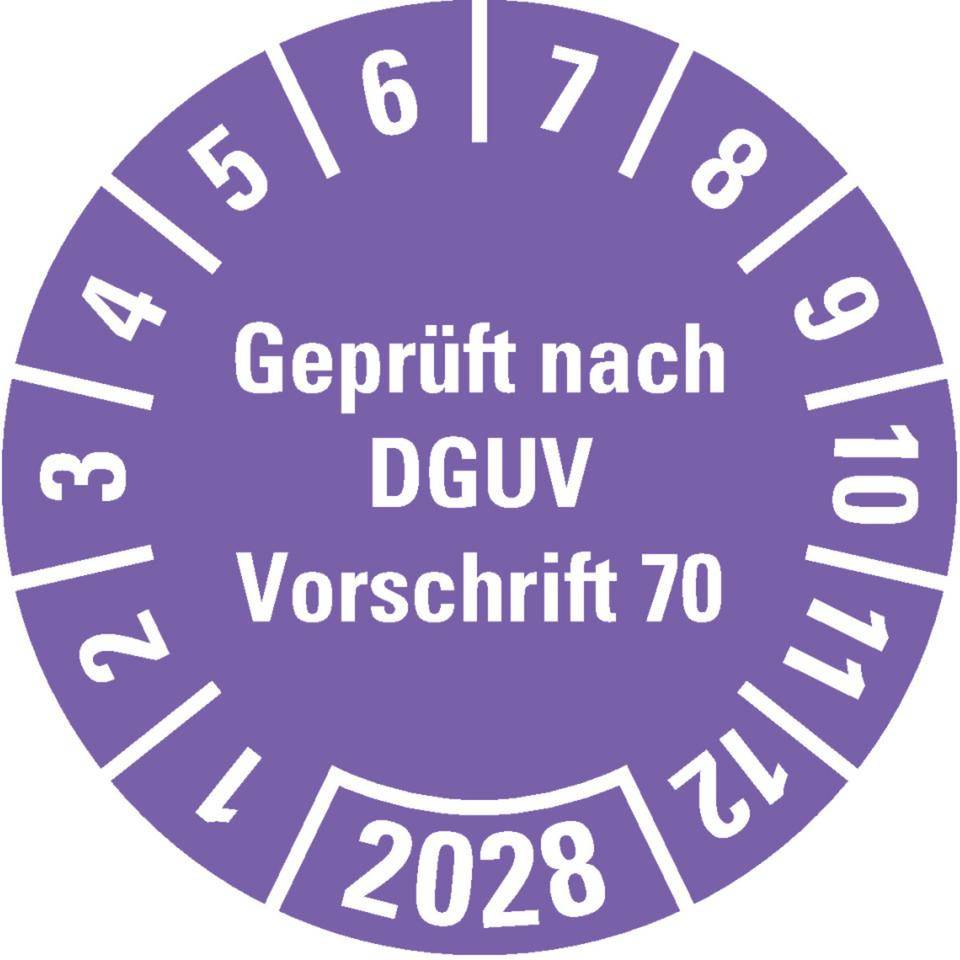 Prüfplakette Geprüft nach DGUV Vorschrift 70, 2028, violett, Dokumentenfolie, Ø30mm, 18/BOG
