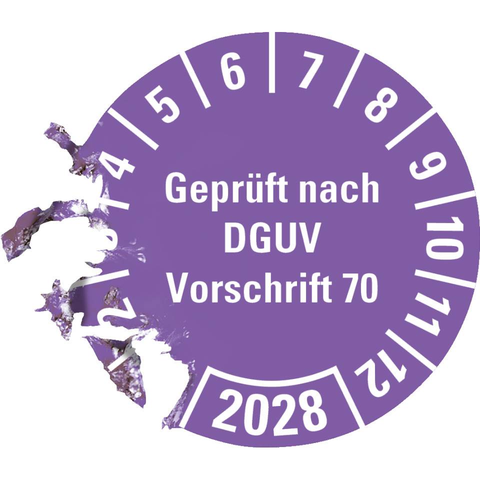 Prüfplakette Geprüft nach DGUV Vorschrift 70, 2028, violett, Dokumentenfolie, Ø30mm, 18/BOG