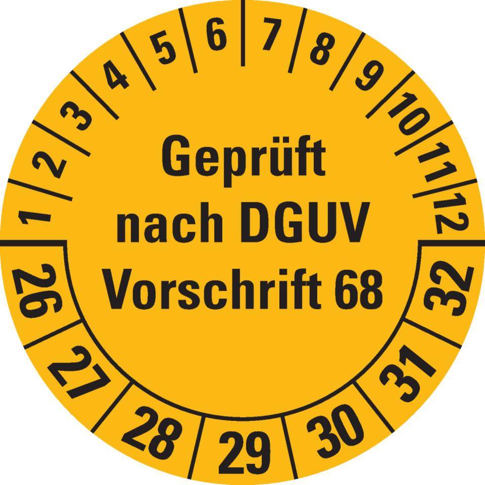 Prüfplakette Geprüft nach DGUV Vorschr.68, 26-32, gelb, Folie, Oberflächensch., Ø 40mm, 10/BOG