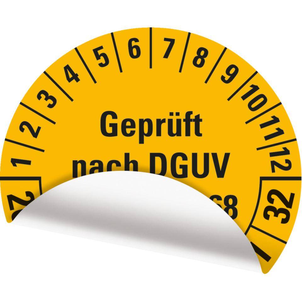 Prüfplakette Geprüft nach DGUV Vorschr.68, 26-32, gelb, Folie, Oberflächensch., Ø 40mm, 10/BOG