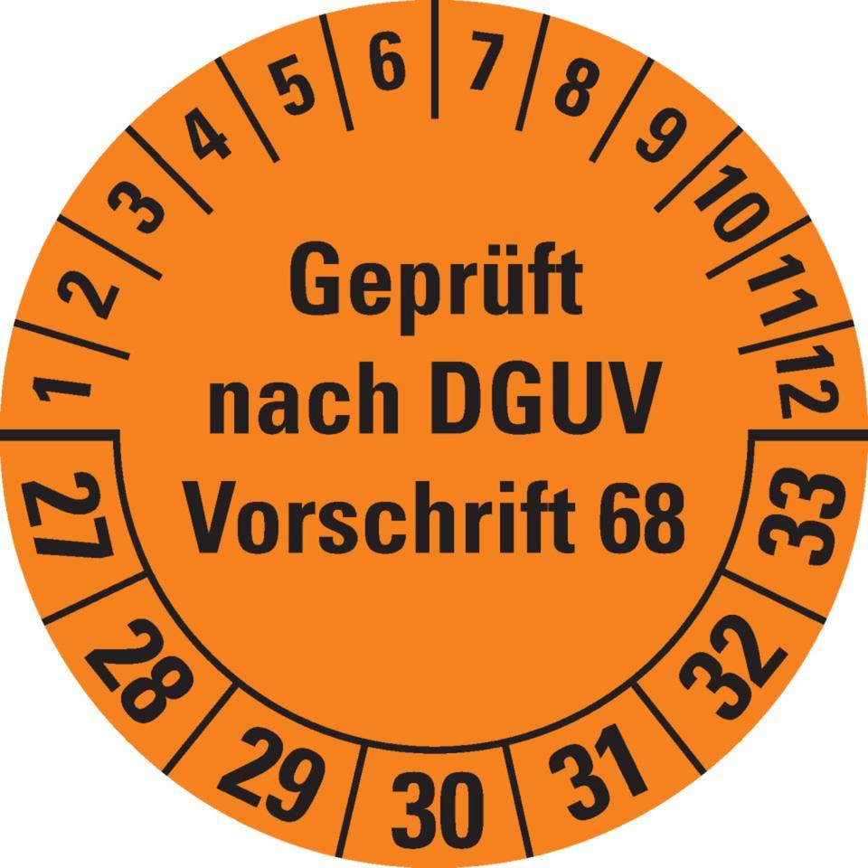 Prüfplakette Geprüft nach DGUV Vorschr.68, 27-33, orange, Folie,Oberflächensch., Ø 40mm, 10/BOG