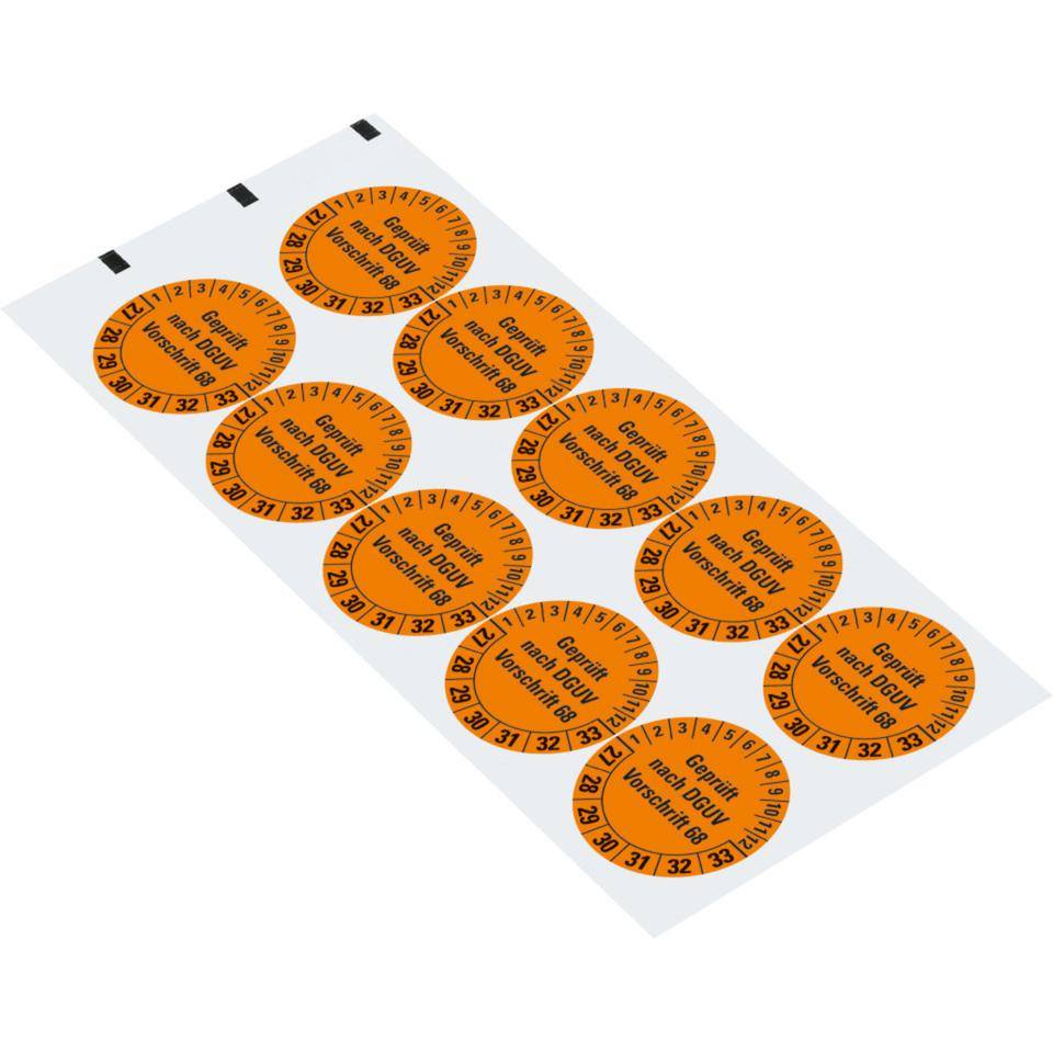 Prüfplakette Geprüft nach DGUV Vorschr.68, 27-33, orange, Folie,Oberflächensch., Ø 40mm, 10/BOG