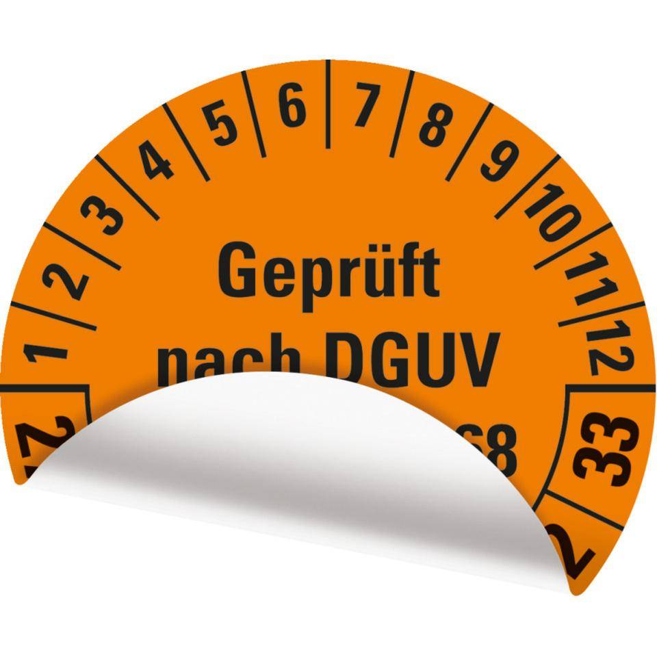 Prüfplakette Geprüft nach DGUV Vorschr.68, 27-33, orange, Folie,Oberflächensch., Ø 40mm, 10/BOG