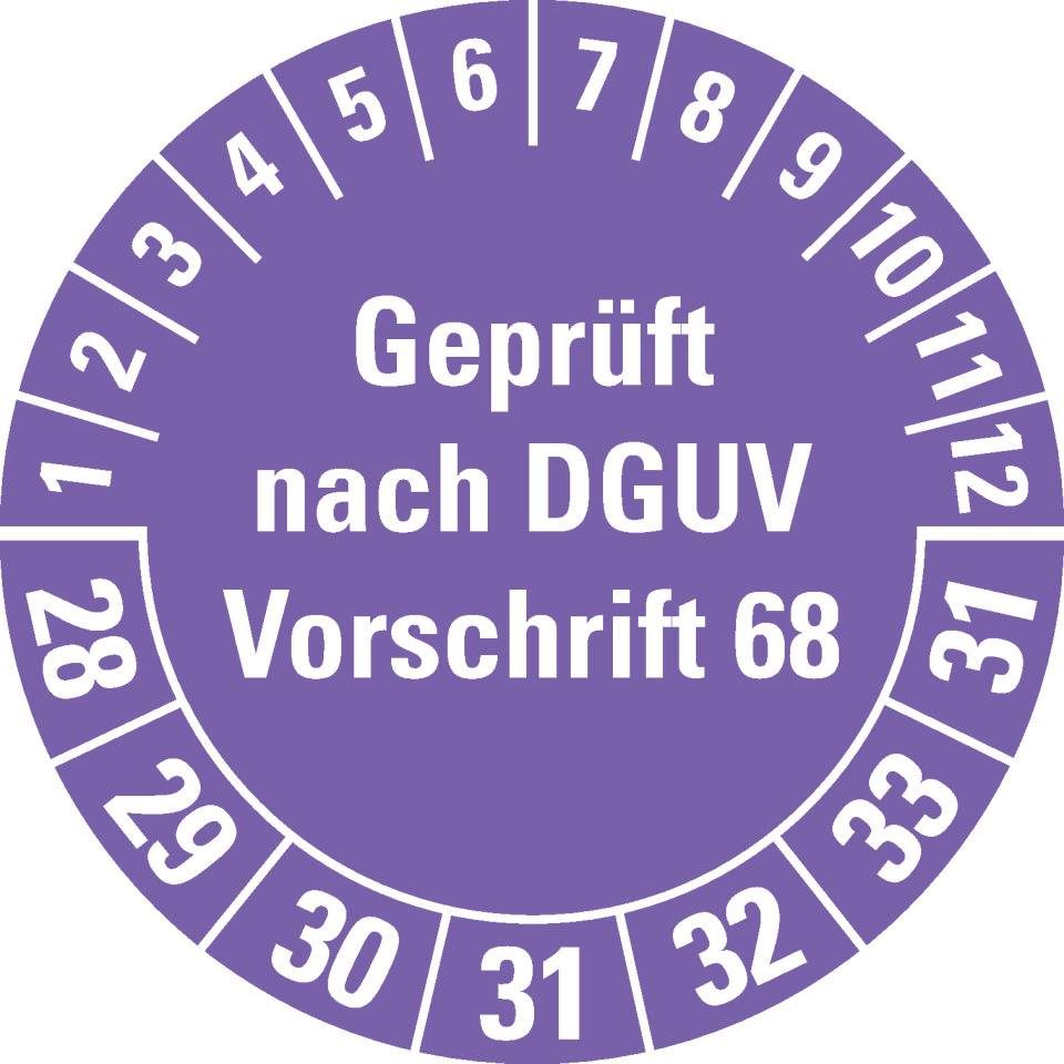 Prüfplakette Geprüft nach DGUV Vorschrift 68, 28-34, violett, Folie, Oberflächenschutz, Ø 40mm, 10/BOG