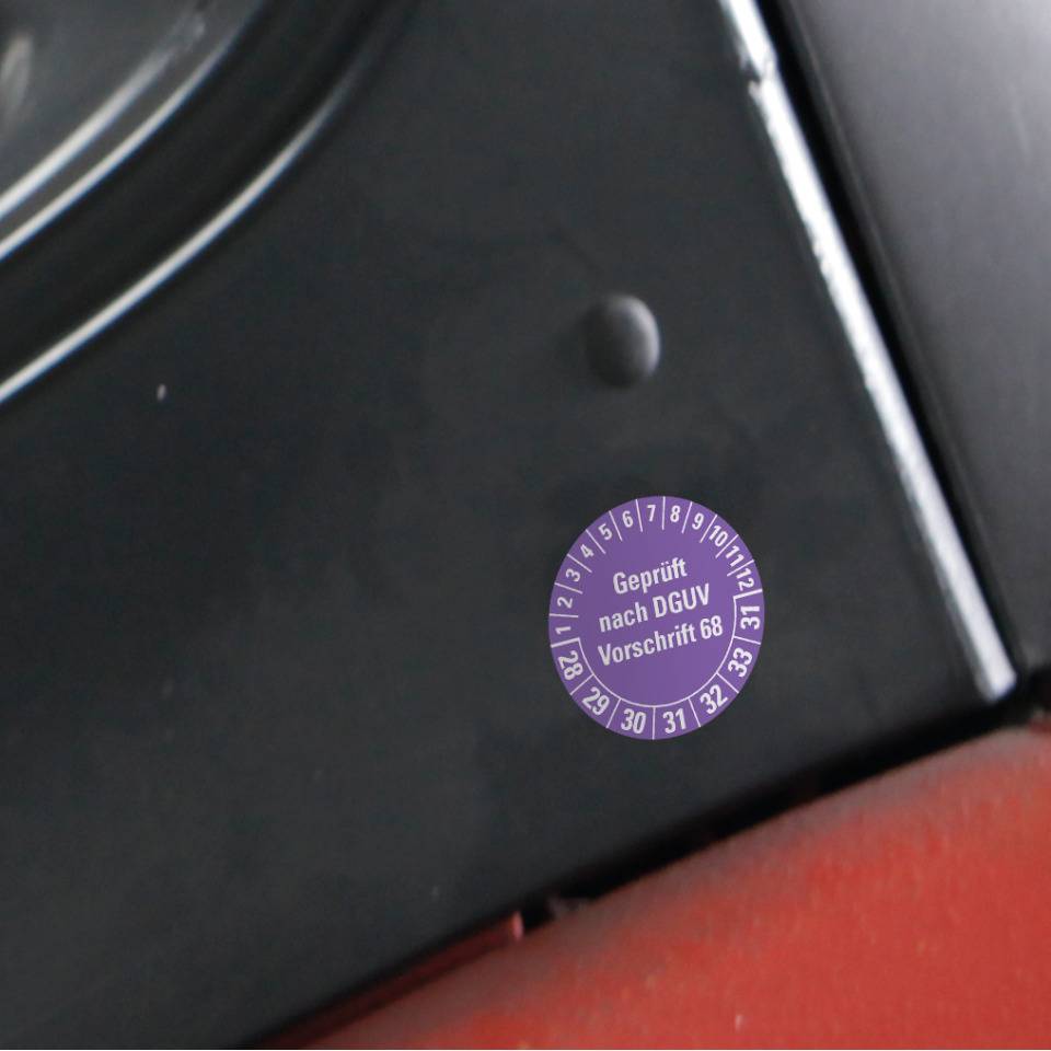 Prüfplakette Geprüft nach DGUV Vorschrift 68, 28-34, violett, Folie, Oberflächenschutz, Ø 40mm, 10/BOG