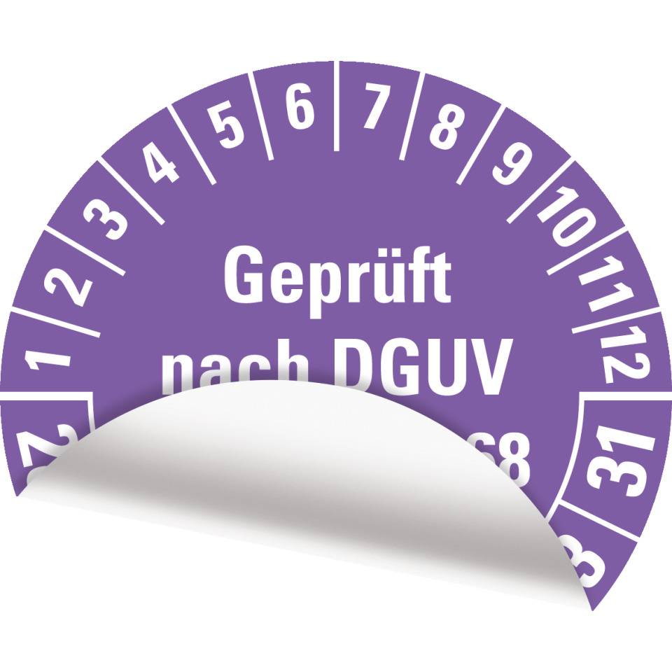 Prüfplakette Geprüft nach DGUV Vorschrift 68, 28-34, violett, Folie, Oberflächenschutz, Ø 40mm, 10/BOG