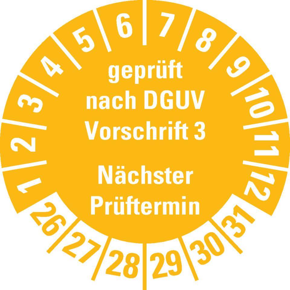 Prüfplakette geprüft nach DGUV Vorschrift 3 26-31, gelb, Schachbrettfolie, Ø30mm, 18/Bogen