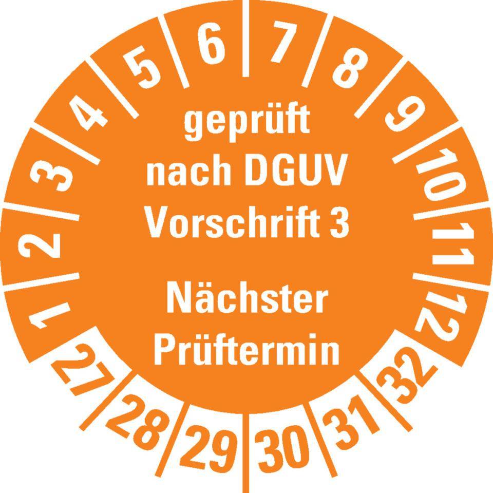 Prüfplakette geprüft nach DGUV Vorschrift 3 27-32, orange, Schachbrettfolie, Ø30mm, 18/Bogen