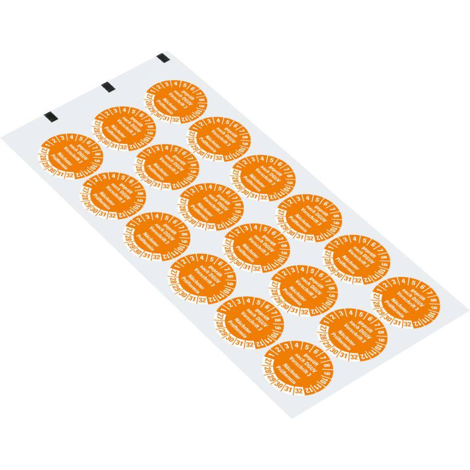 Prüfplakette geprüft nach DGUV Vorschrift 3 27-32, orange, Schachbrettfolie, Ø30mm, 18/Bogen