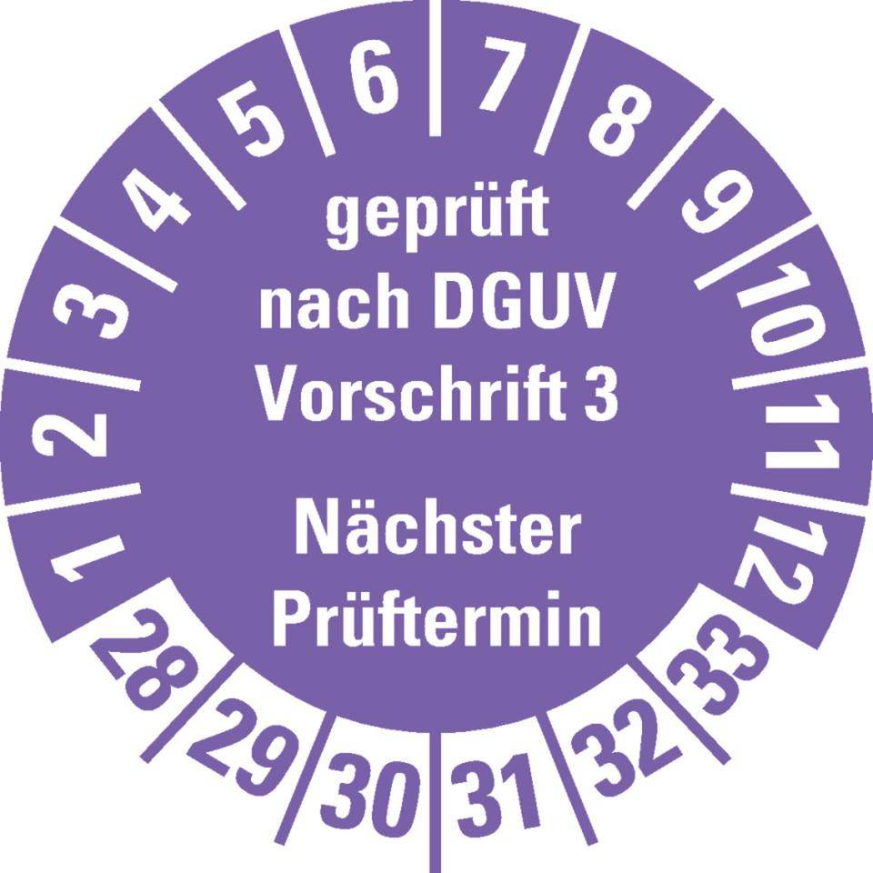 Prüfplakette Geprüft nach DGUV Vorschrift 3 28-33, violett, Schachbrettfolie, Ø30mm, 18/Bogen