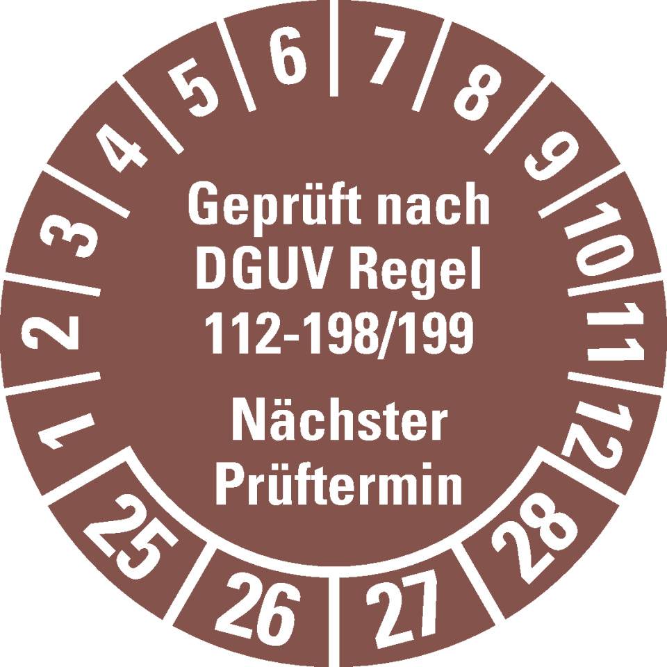 Prüfplakette Geprüft nach DGUV 112-198/199 25-28, braun, Ø 30mm, 18/Bogen