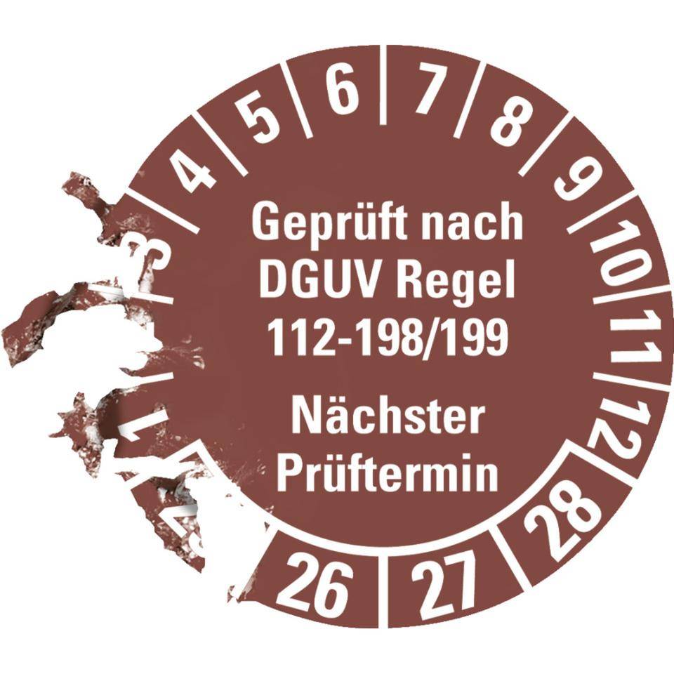 Prüfplakette Geprüft nach DGUV 112-198/199 25-28, braun, Ø 30mm, 18/Bogen
