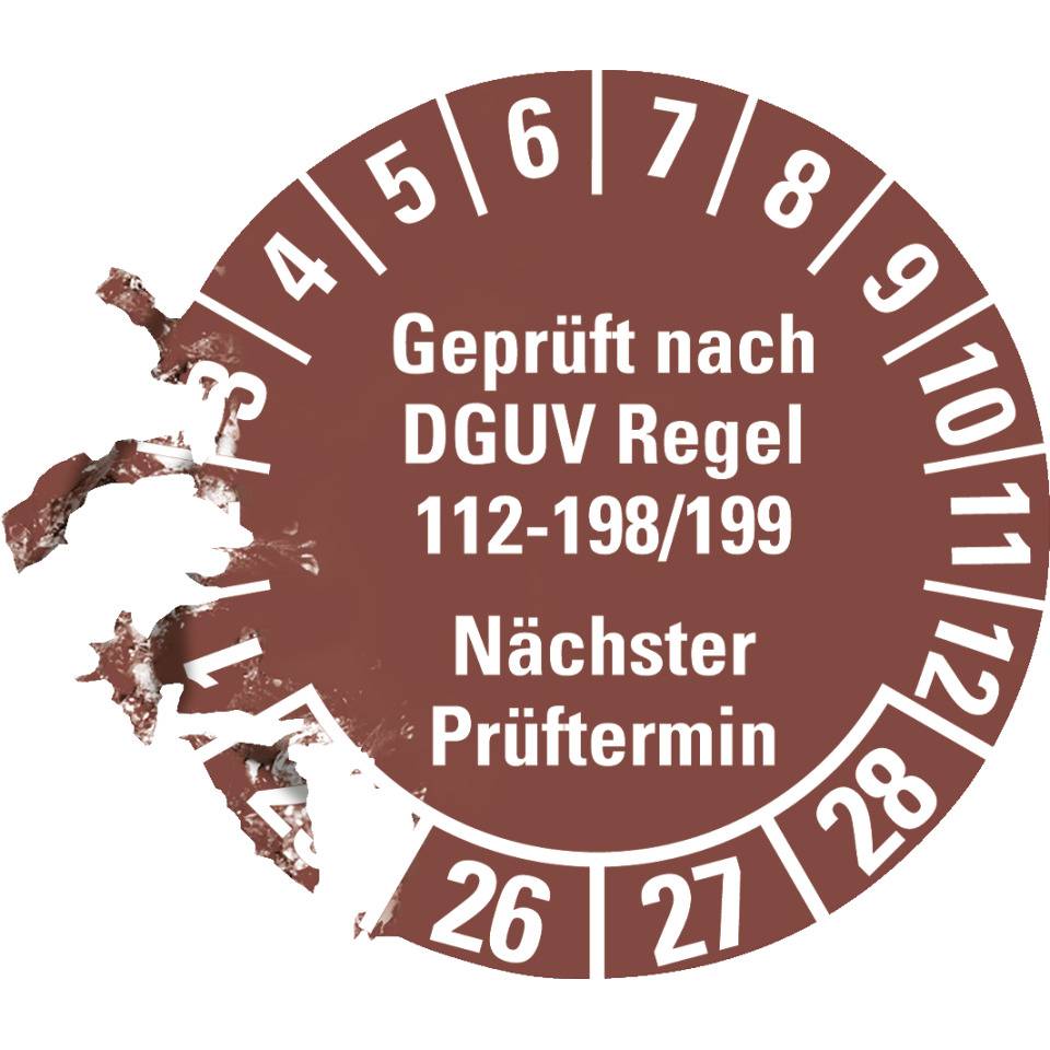 Prüfplakette Geprüft nach DGUV 112-198/199 25-28, braun, Ø 30mm, 18/Bogen