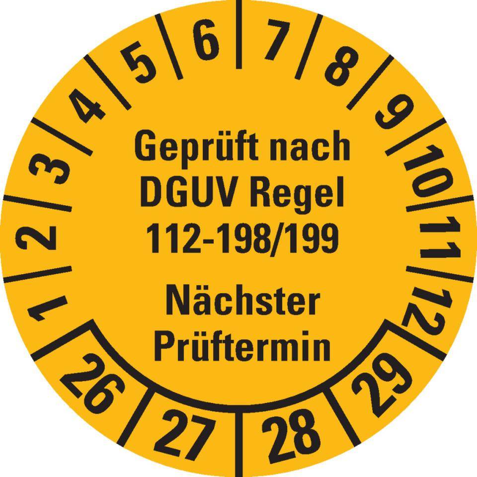 Prüfplakette Geprüft nach DGUV 112-198/199 26-29, gelb, Ø 30mm, 18/Bogen