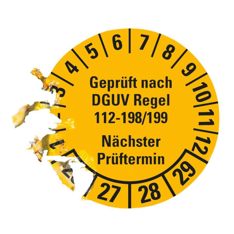 Prüfplakette Geprüft nach DGUV 112-198/199 26-29, gelb, Ø 30mm, 18/Bogen