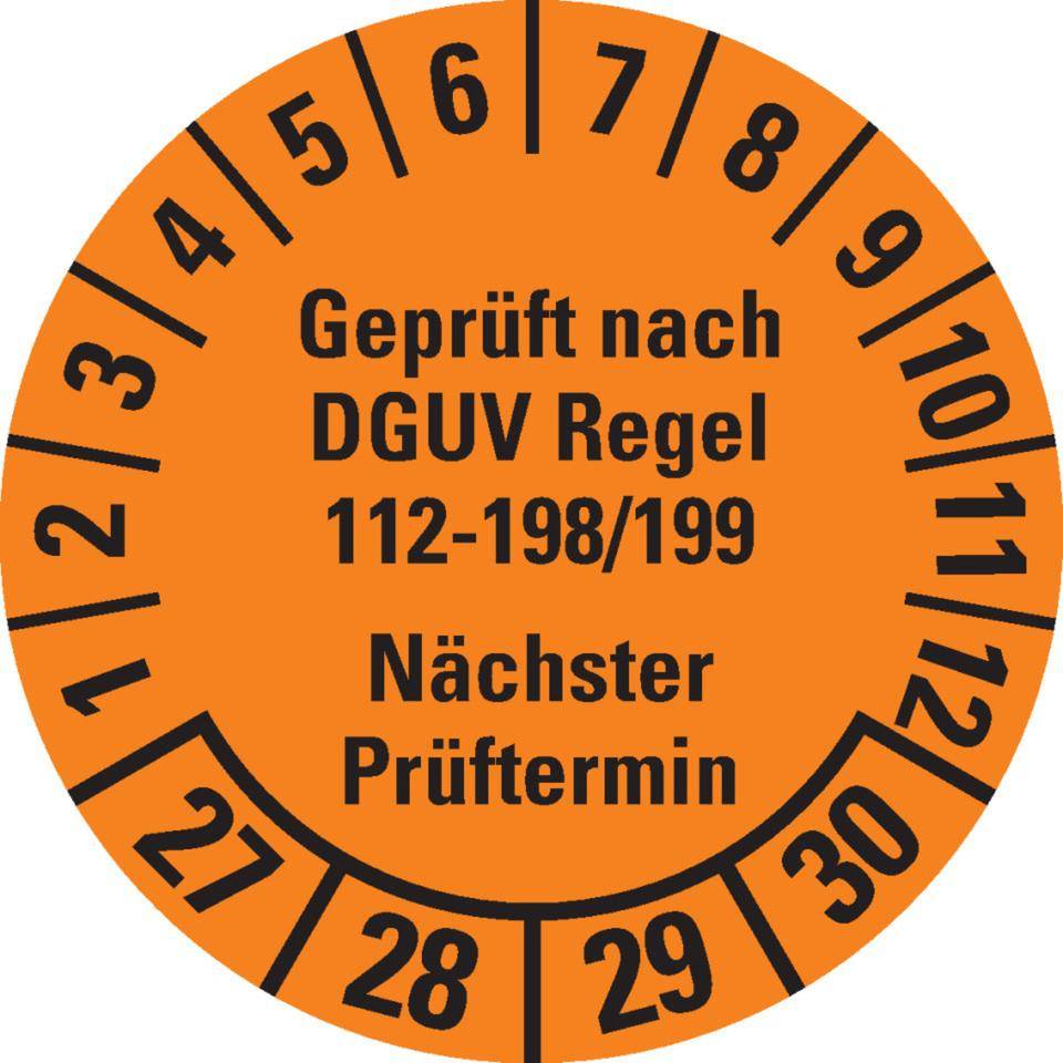 Prüfplakette Geprüft nach DGUV 112-198/199 27-30, orange, Ø 30mm, 18/Bogen