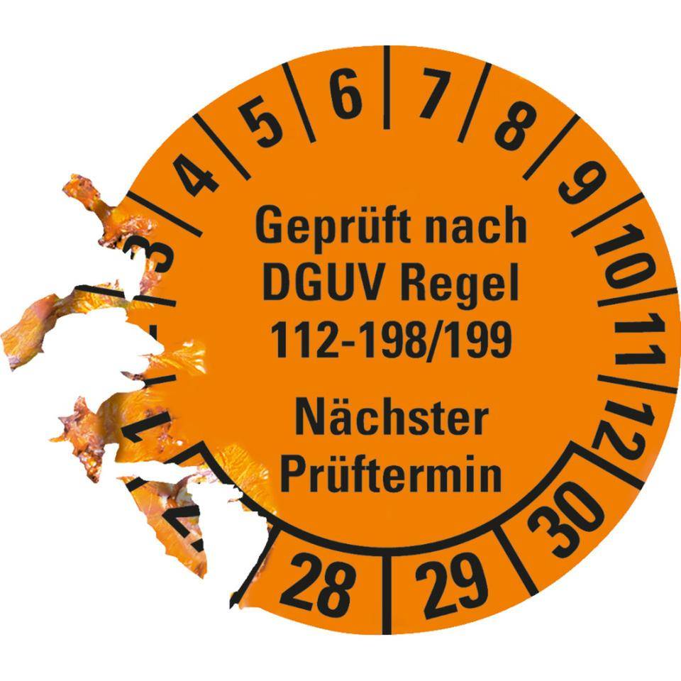 Prüfplakette Geprüft nach DGUV 112-198/199 27-30, orange, Ø 30mm, 18/Bogen