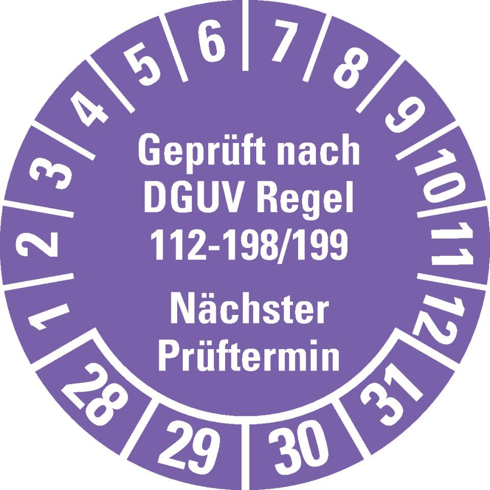 Prüfplakette Geprüft nach DGUV 112-198/199 28-31, violett, Ø 30mm, 18/Bogen