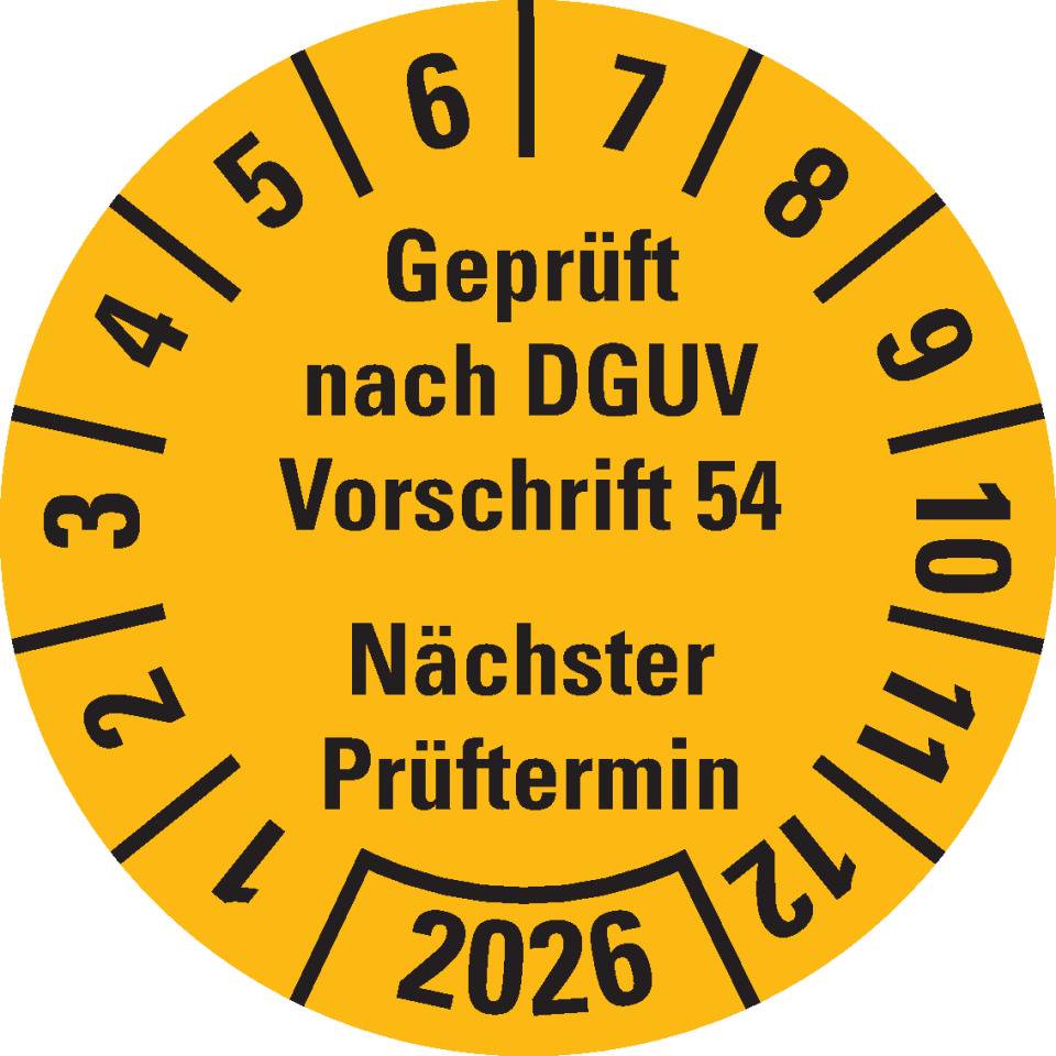 Prüfplakette geprüft nach DGUV Vorschrift 54 2026, gelb, Dokumentenfolie, Ø30mm, 18/Bogen