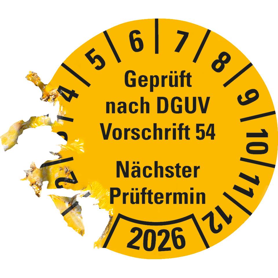 Prüfplakette geprüft nach DGUV Vorschrift 54 2026, gelb, Dokumentenfolie, Ø30mm, 18/Bogen