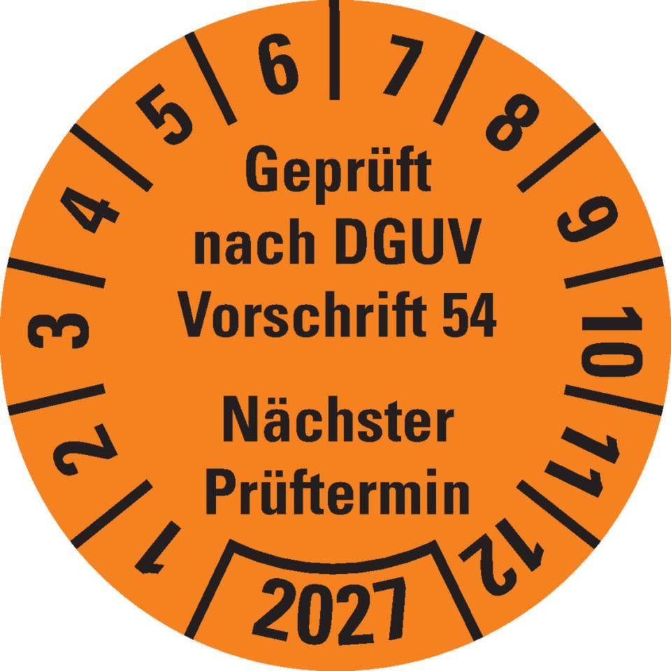 Prüfplakette Geprüft nach DGUV Vorschrift 54 2027, orange, Dokumentenfolie, Ø30mm, 18/Bogen