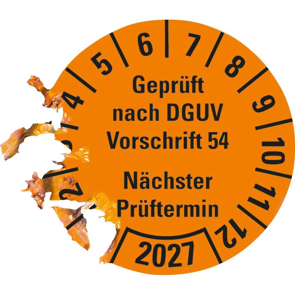 Prüfplakette Geprüft nach DGUV Vorschrift 54 2027, orange, Dokumentenfolie, Ø30mm, 18/Bogen