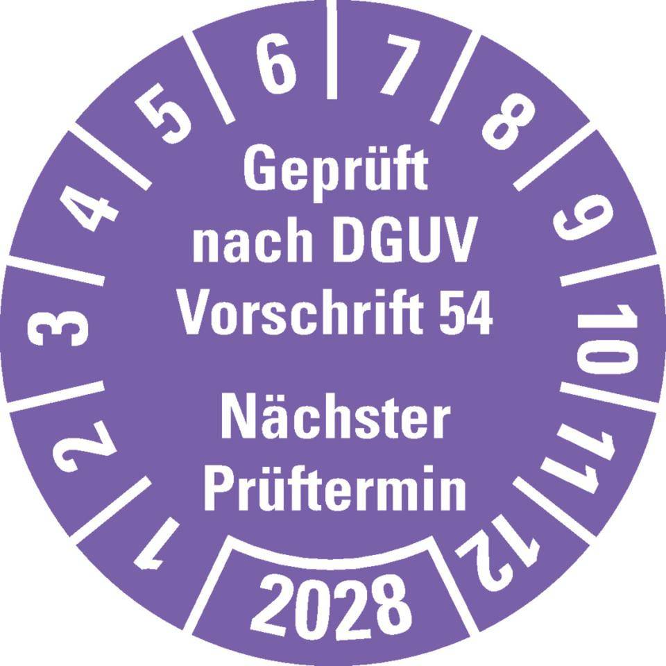 Prüfplakette Geprüft nach DGUV Vorschrift 54 2028, violett, Dokumentenfolie, Ø30mm, 18/Bogen