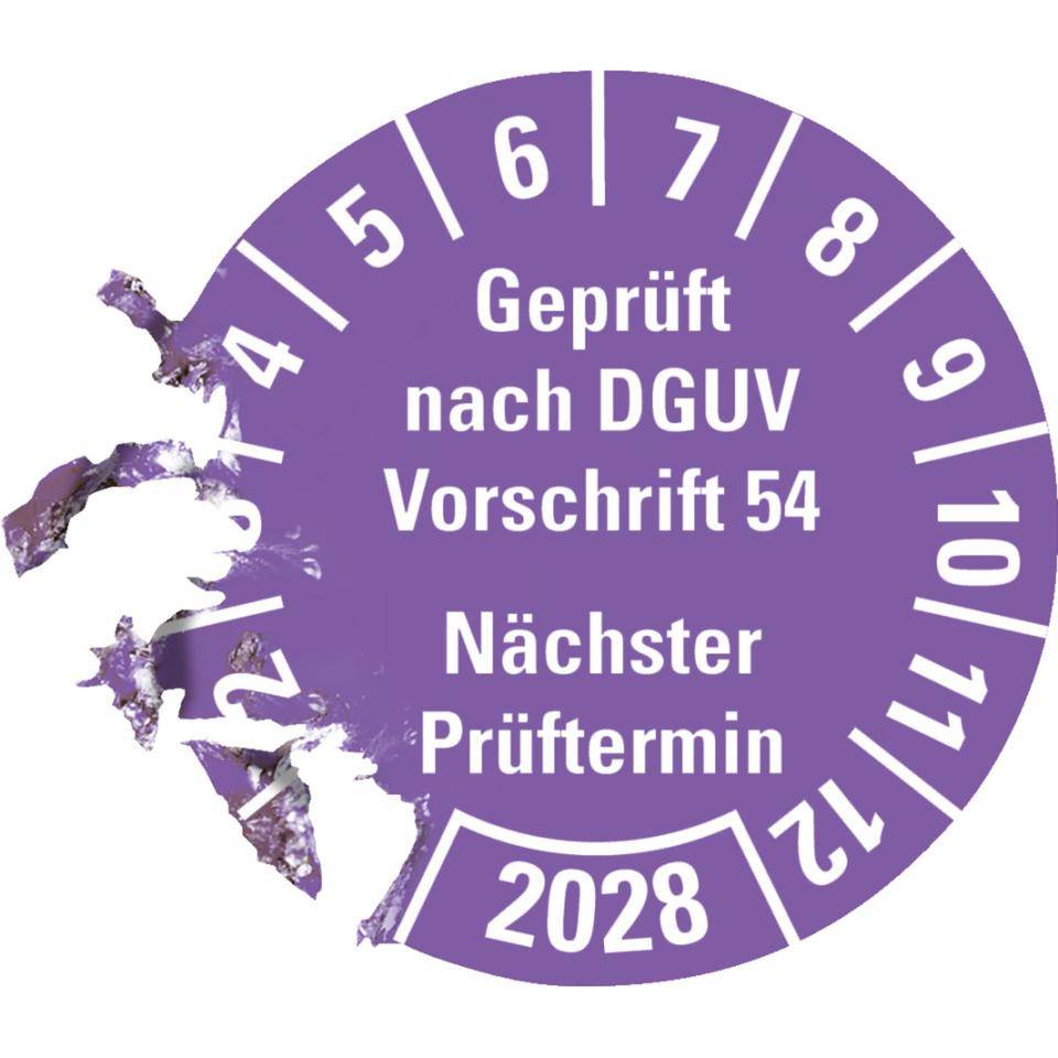 Prüfplakette Geprüft nach DGUV Vorschrift 54 2028, violett, Dokumentenfolie, Ø30mm, 18/Bogen