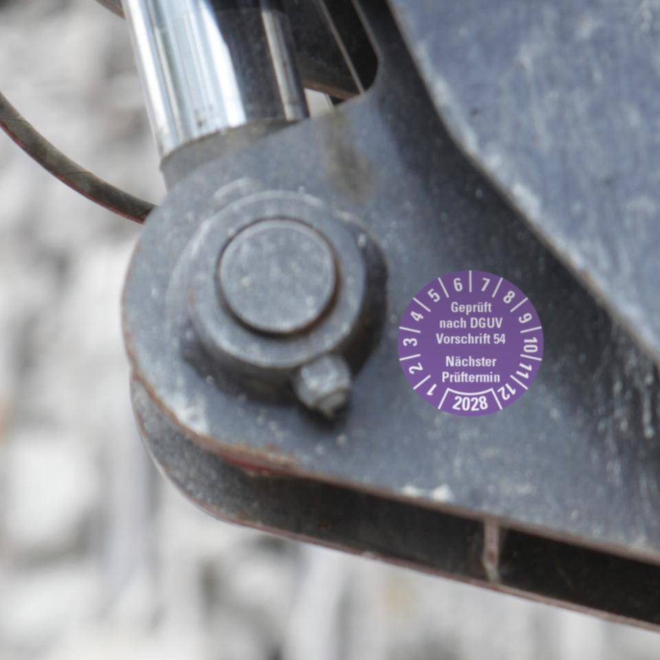Prüfplakette Geprüft nach DGUV Vorschrift 54 2028, violett, Dokumentenfolie, Ø30mm, 18/Bogen