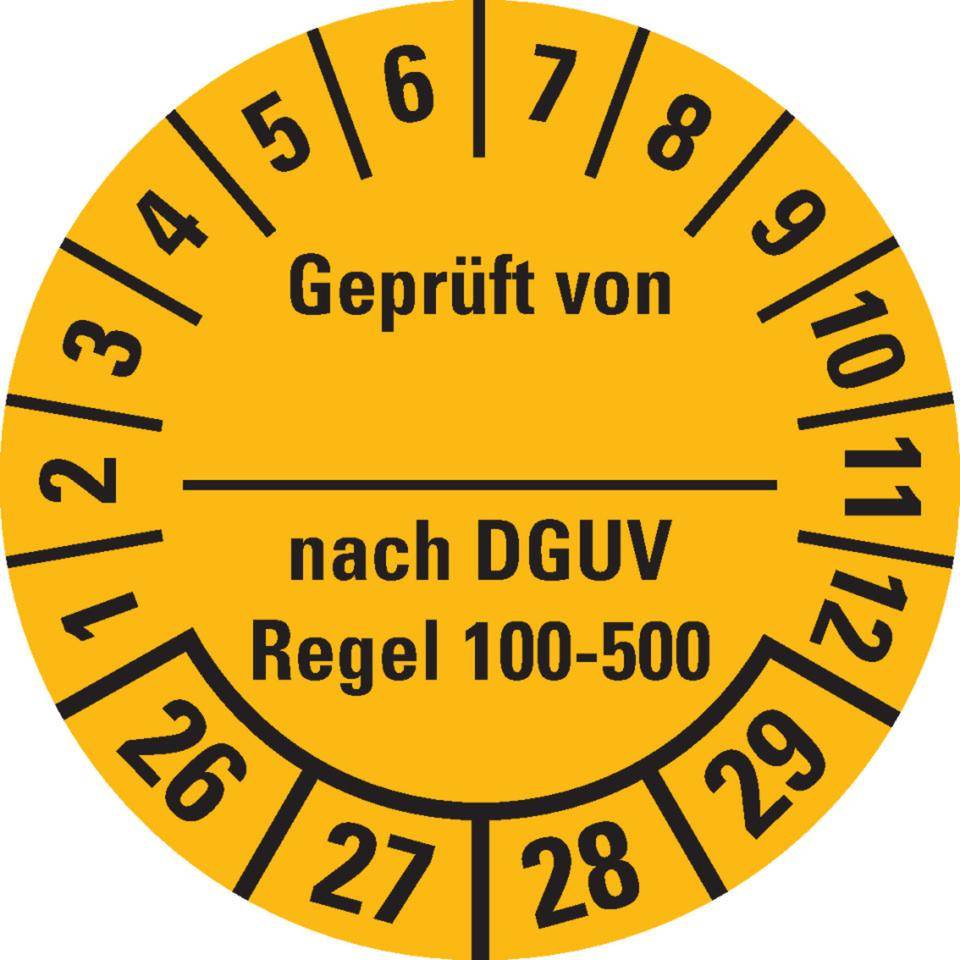 Prüfplakette geprüft von ..DGUV Regel 100-500 26-29, gelb, Dokumentenfolie, Ø30mm, 18/Bogen