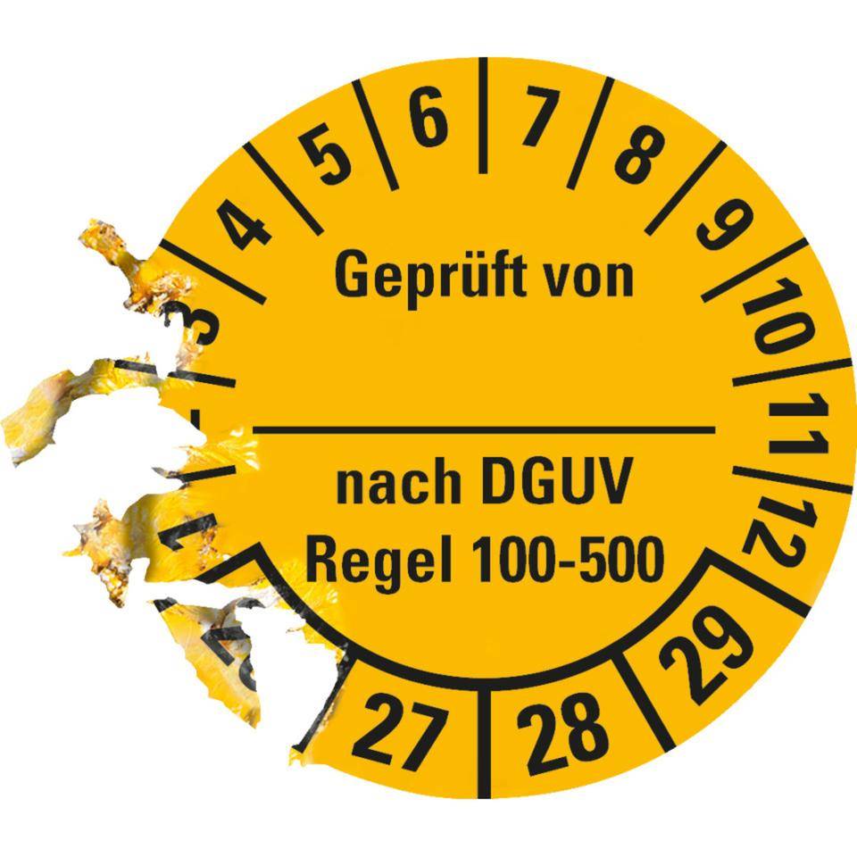 Prüfplakette geprüft von ..DGUV Regel 100-500 26-29, gelb, Dokumentenfolie, Ø30mm, 18/Bogen