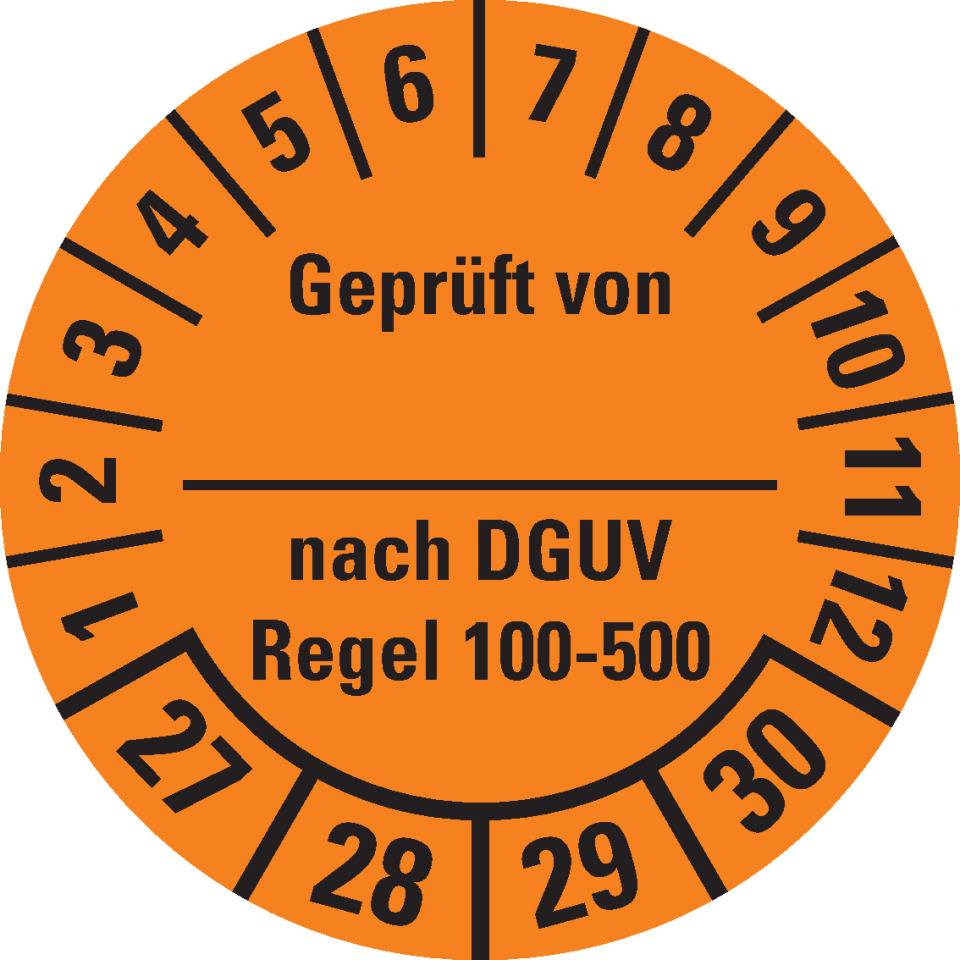 Prüfplakette Geprüft v...DGUV Regel 100-500 27-30, orange, Dokumentenfolie, Ø30mm, 18/Bogen