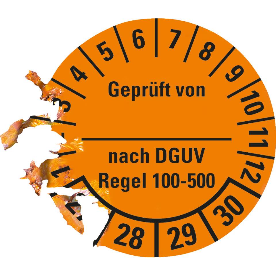 Prüfplakette Geprüft v...DGUV Regel 100-500 27-30, orange, Dokumentenfolie, Ø30mm, 18/Bogen