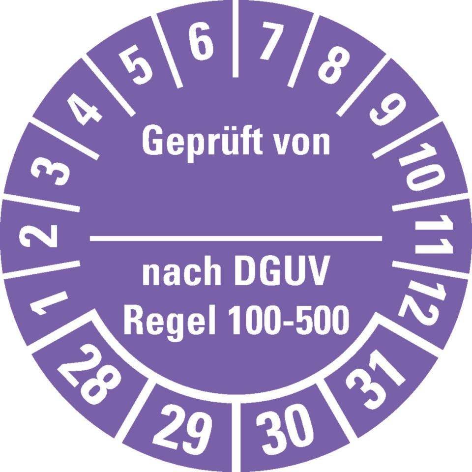 Prüfplakette Geprüft von - nach DGUV Regel 100-500 28-31, violett, Dokumentenfolie, Ø30mm, 18/Bogen