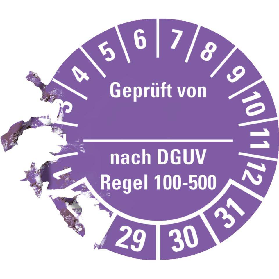 Prüfplakette Geprüft von - nach DGUV Regel 100-500 28-31, violett, Dokumentenfolie, Ø30mm, 18/Bogen