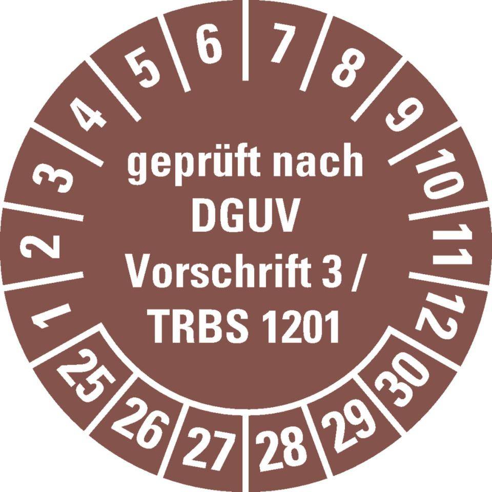 Prüfplakette DGUV Vorschrift 3/TRBS 1201,25-30,braun,Dokumentenfolie,Ø30mm,18/Bogen