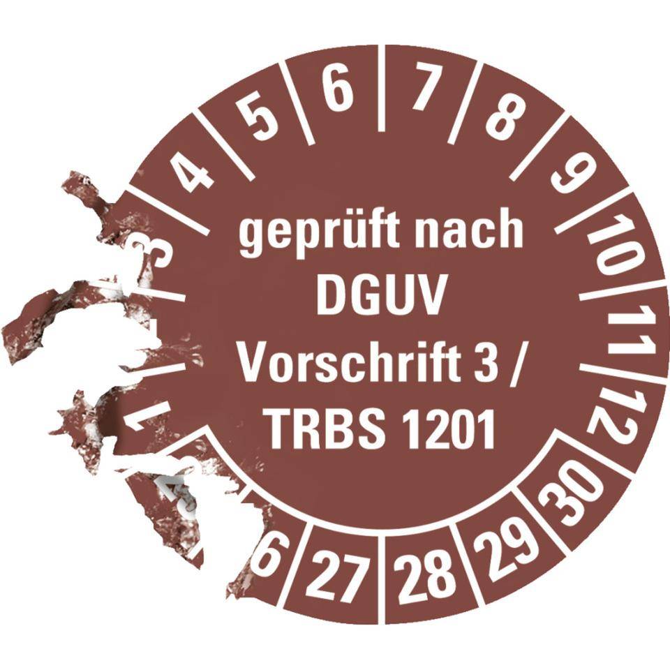 Prüfplakette DGUV Vorschrift 3/TRBS 1201,25-30,braun,Dokumentenfolie,Ø30mm,18/Bogen