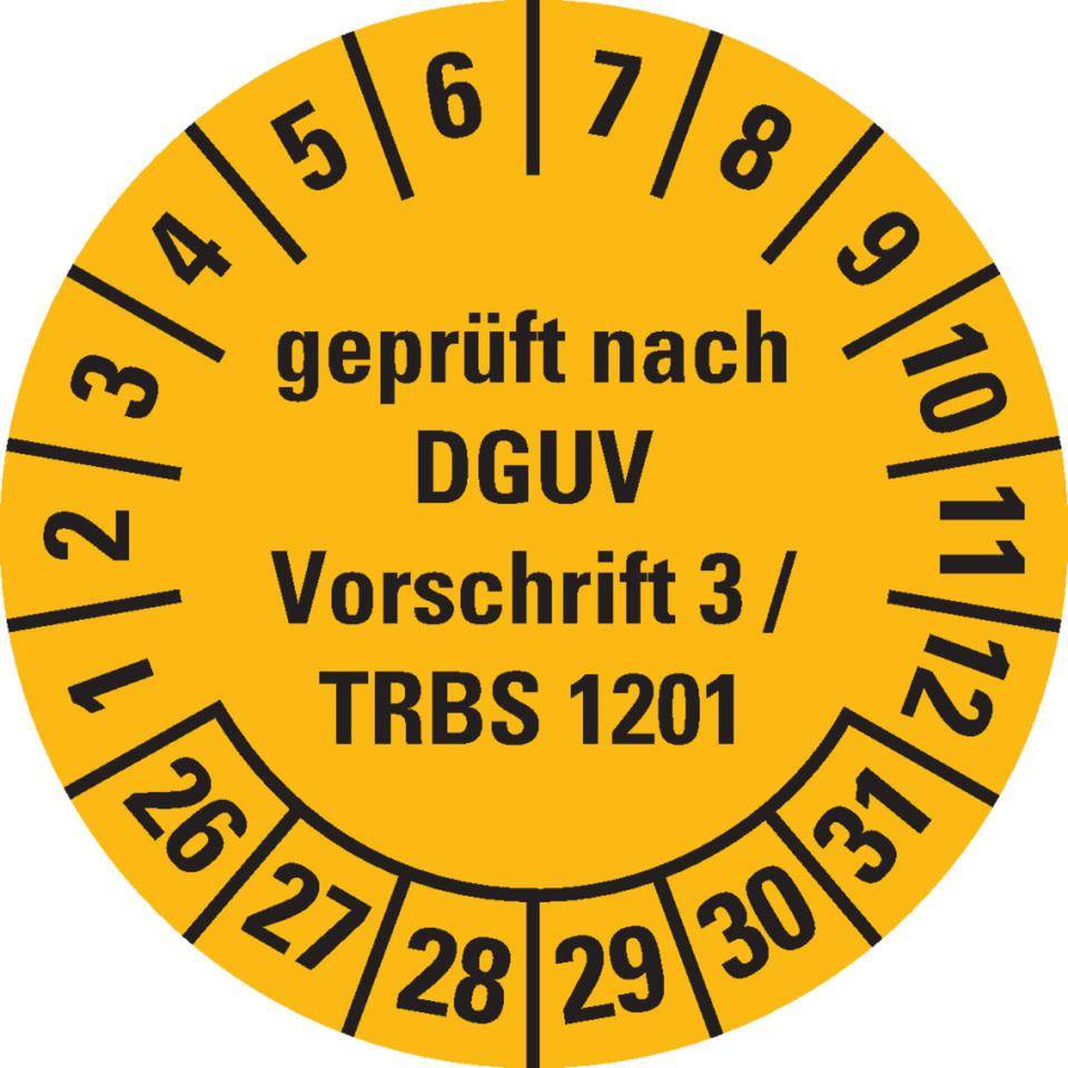Prüfplakette DGUV Vorschrift 3/TRBS 1201, 26-31, gelb, Dokumentenfolie, Ø30mm, 18/Bogen